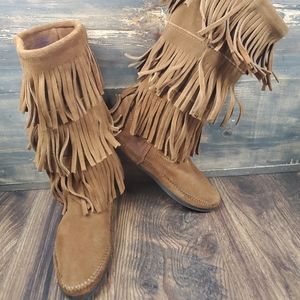 Minnetonka Moccasin Calf High 3-Layer Fringe Slip On Boots Womens Size 7